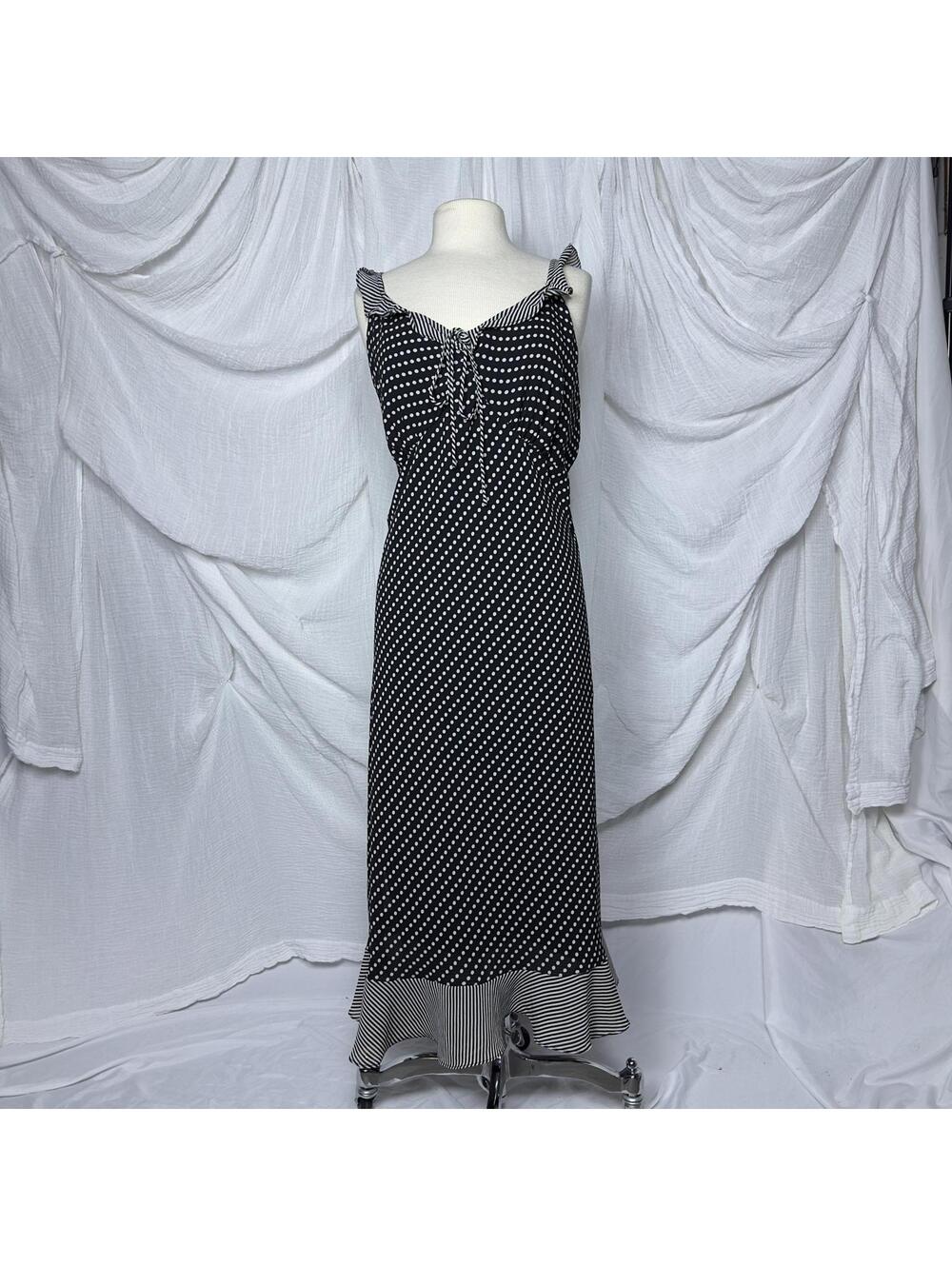 Vintage Preppy Boho Black Polka Dot Ruffled Midi Dress (18)
